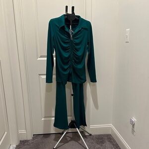 Fashion Nova Teal Ruched Front Collared Top